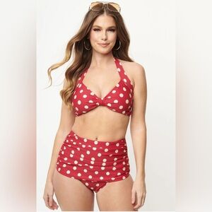 Esther Williams 1950s Retro-Style Red & Ivory Dot High Waist Swim Bottoms & Top